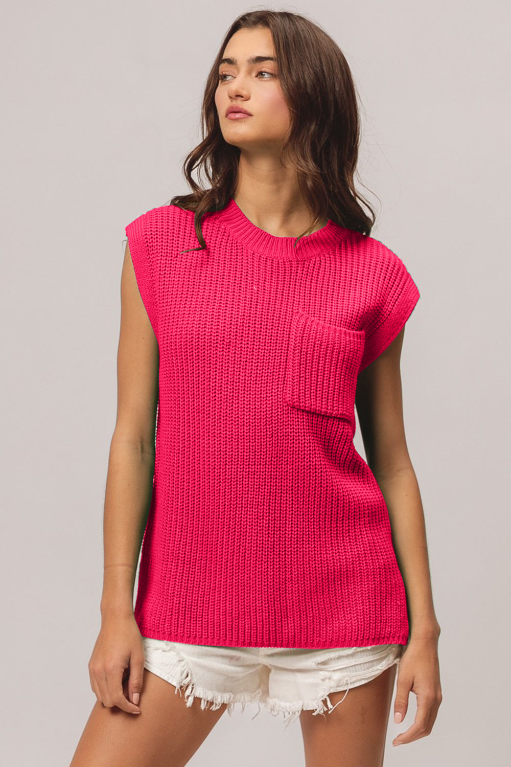Fuchsia Patch Pocket Cap Sleeve Sweater Top
