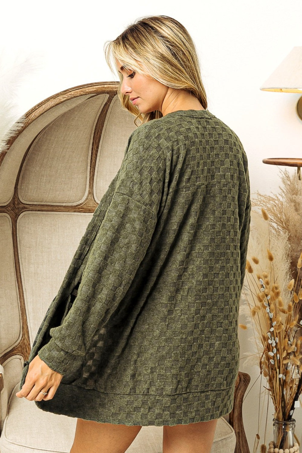 Olive Checkered Long Sleeve Open Front Cardigan