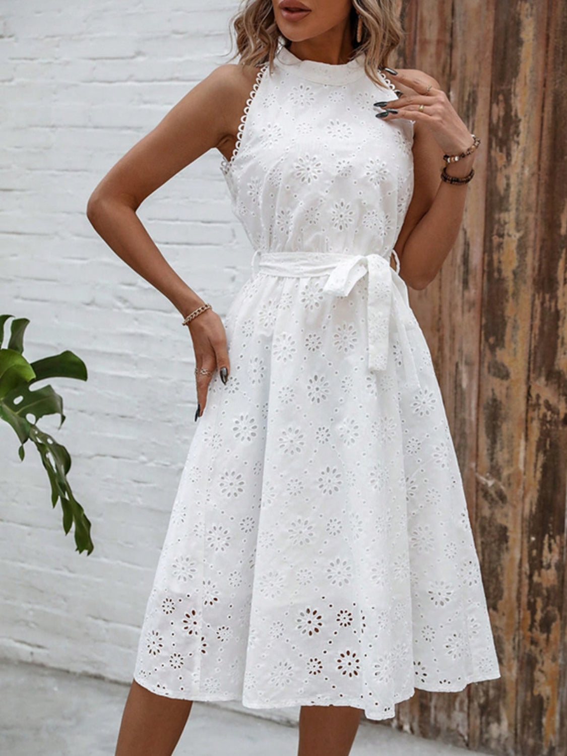 Eyelet Grecian Neck Tie Waist Midi Dress – MK XCLUSIVE