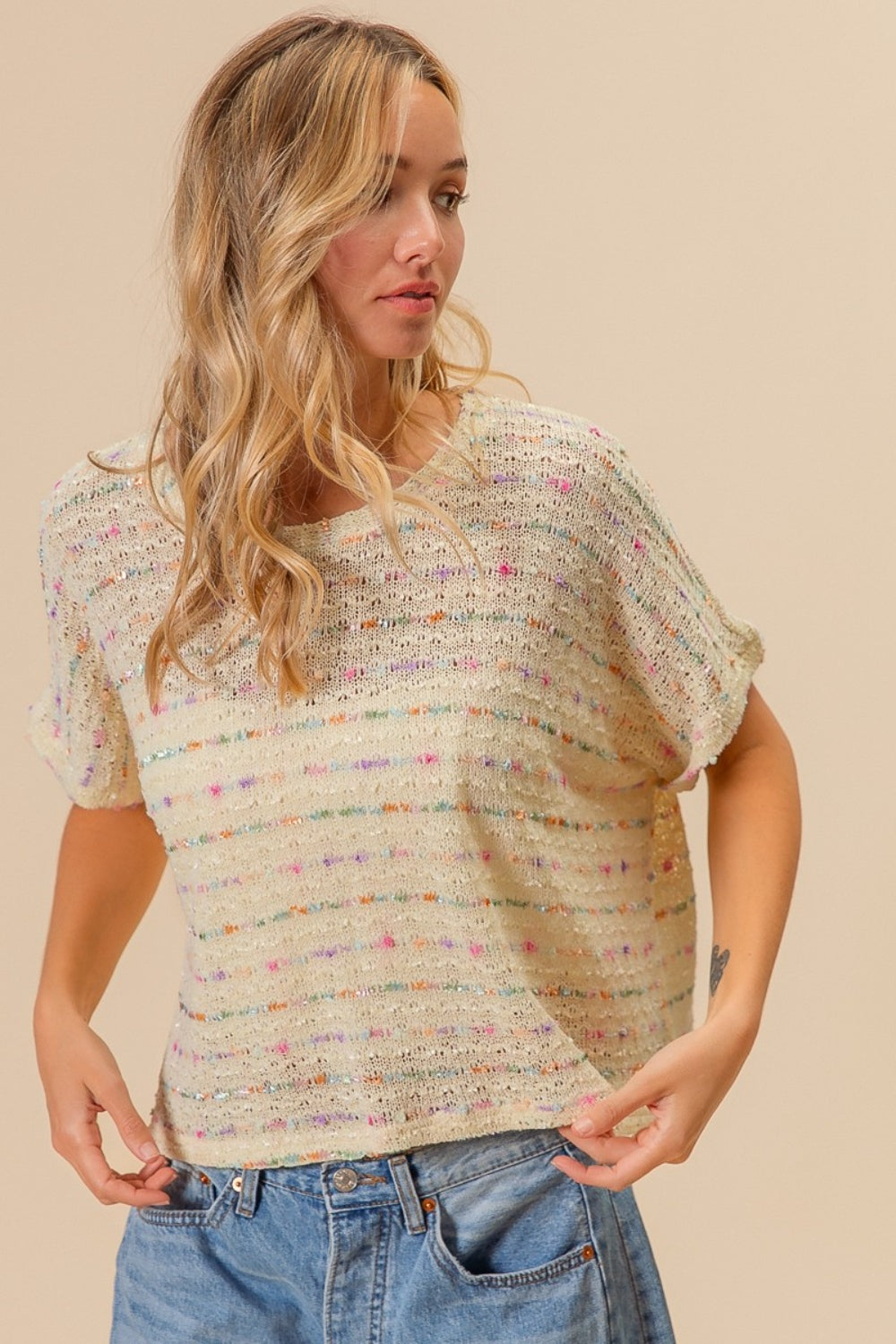 Cream Striped Popcorn Knit Top