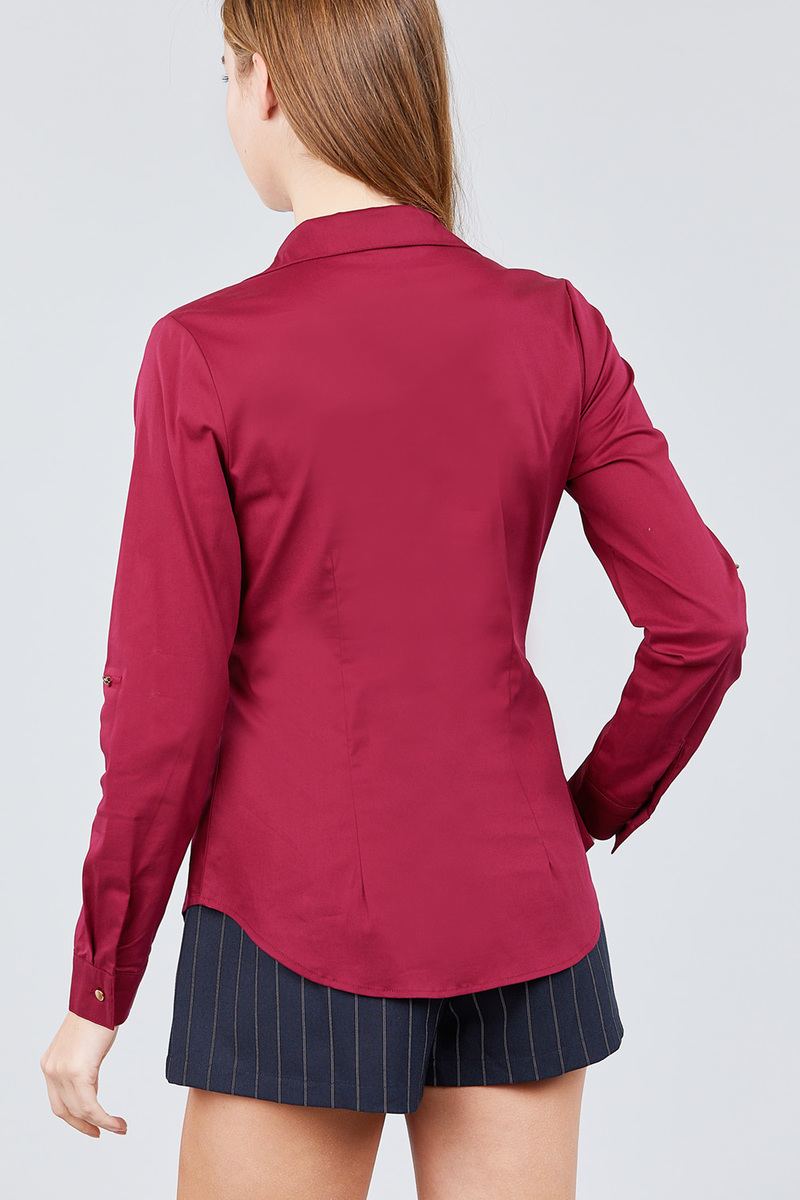 Deep Red 3/4 Roll Up Sleeve Front Two Pocket W/button Detail Stretch Shirt