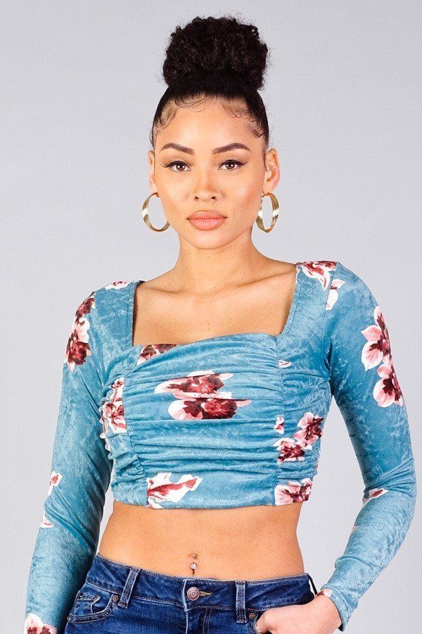 Blue Ruched Velvet Floral Back Tie Crop Top