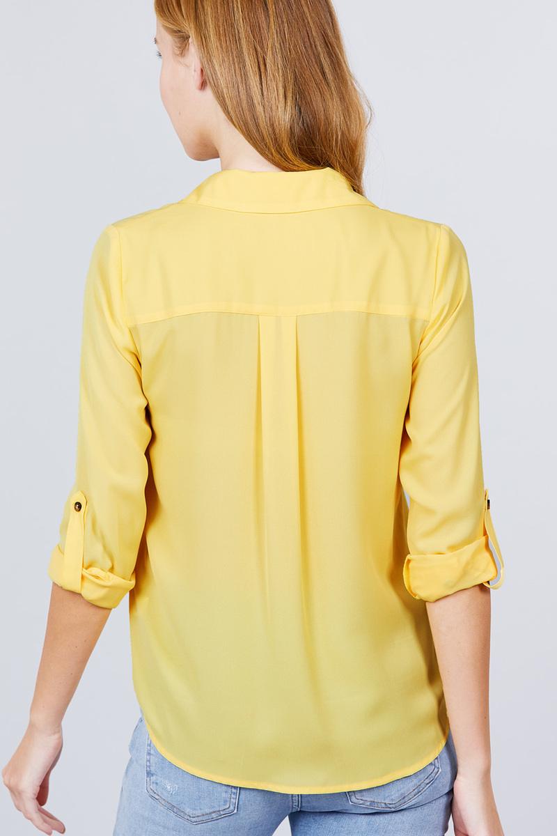 Light Yellow 3/4 Roll Up Sleeve Pocket W/zipper Detail Woven Blouse