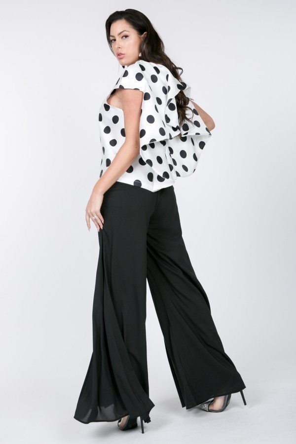 Black & White Cascade Ruffle Detail Polka Dot Print Top