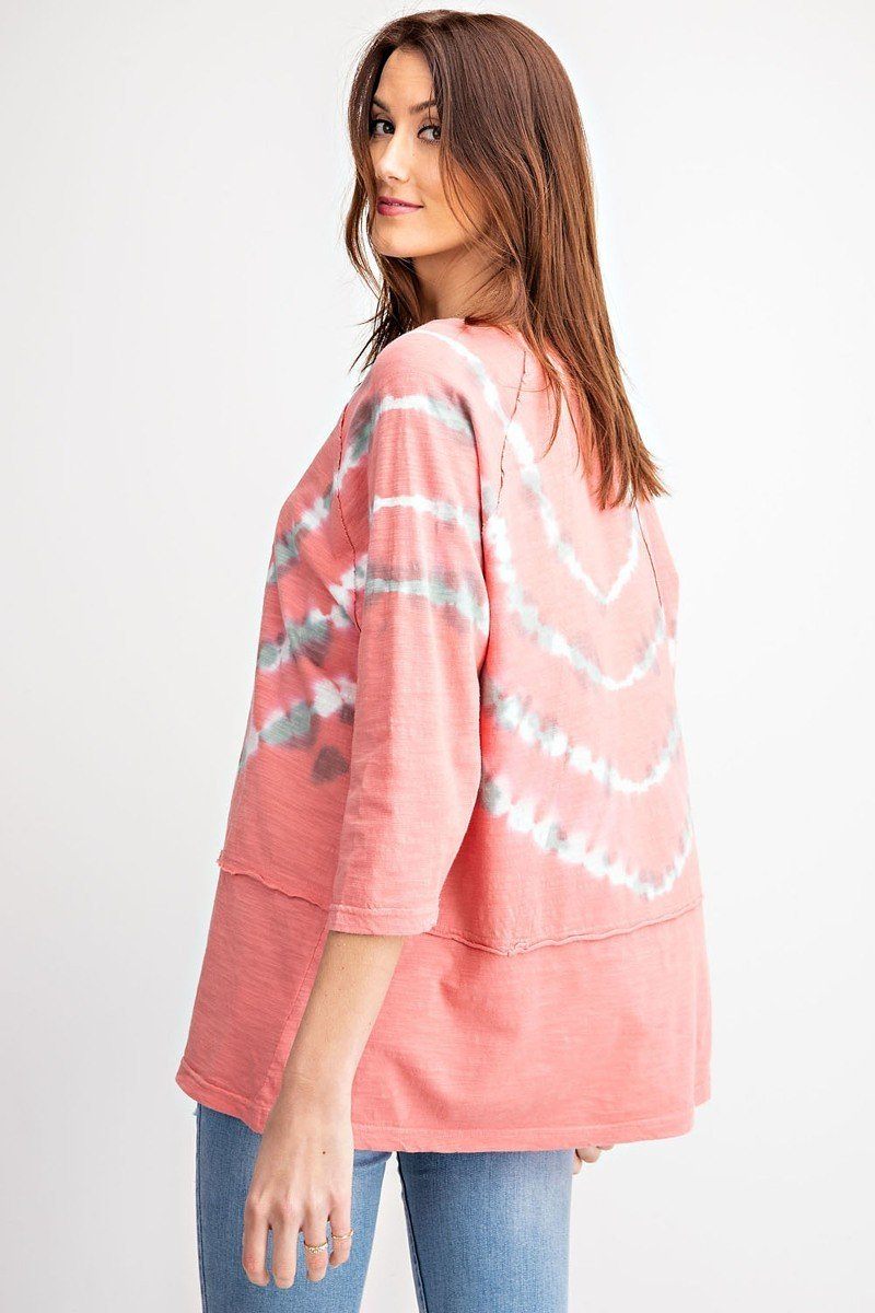 Pink 3/4 Sleeves Special Washed Boxy Cotton Slub Top