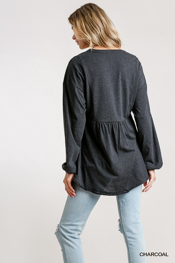 Black Confetti Detailed Long Puff Sleeve Babydoll Top With Button Front And Raw Hem