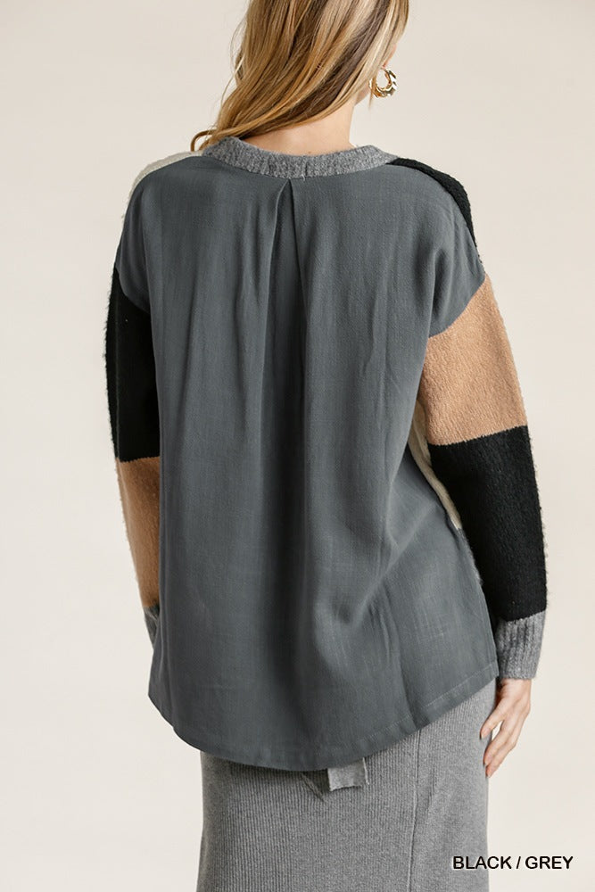 Multi-Grey Contrasted Cotton Fabric On Back Top With Side Slits And High Low Hem