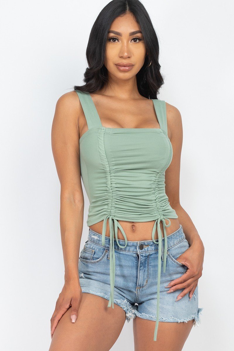 Thistle Green Adjustable Front Ruched With String Square Neck Crop Tops