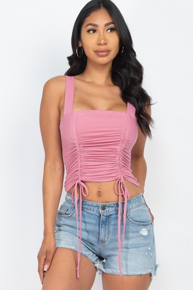 Thistle Pink Adjustable Front Ruched With String Square Neck Crop Tops