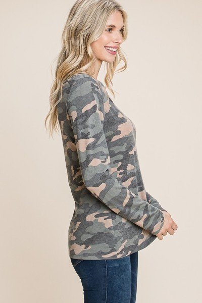 Green Army Camo Printed Cut Out Neckline Long Sleeves Casual Basic Top