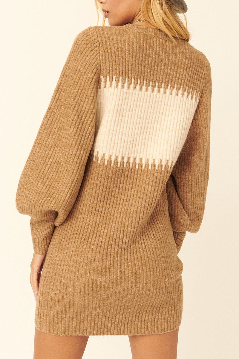 Tan Ribbed Knit Sweater Mini Dress