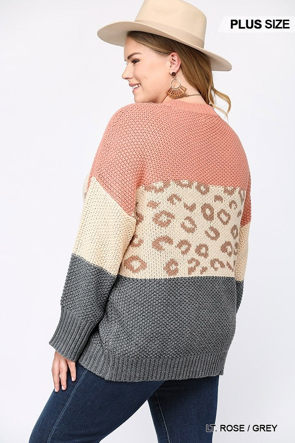 Multi-Grey Color Block And Leopard Pattern Mixed Pullover Sweater