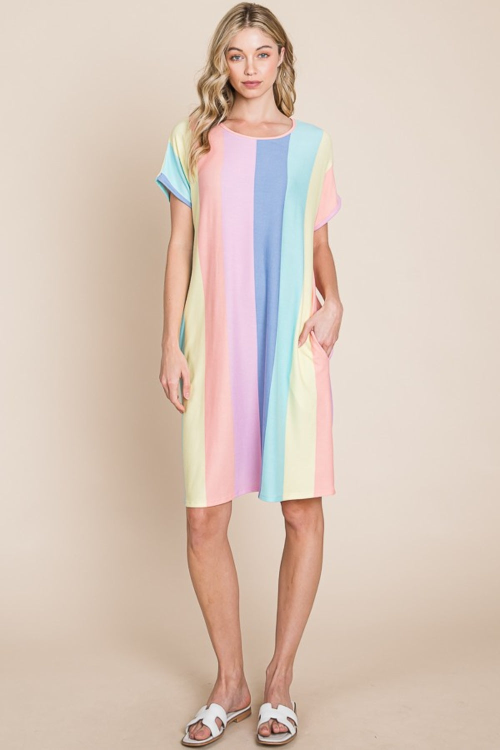 Multi-Blue & Pink Striped Short Sleeve Dress with Pockets