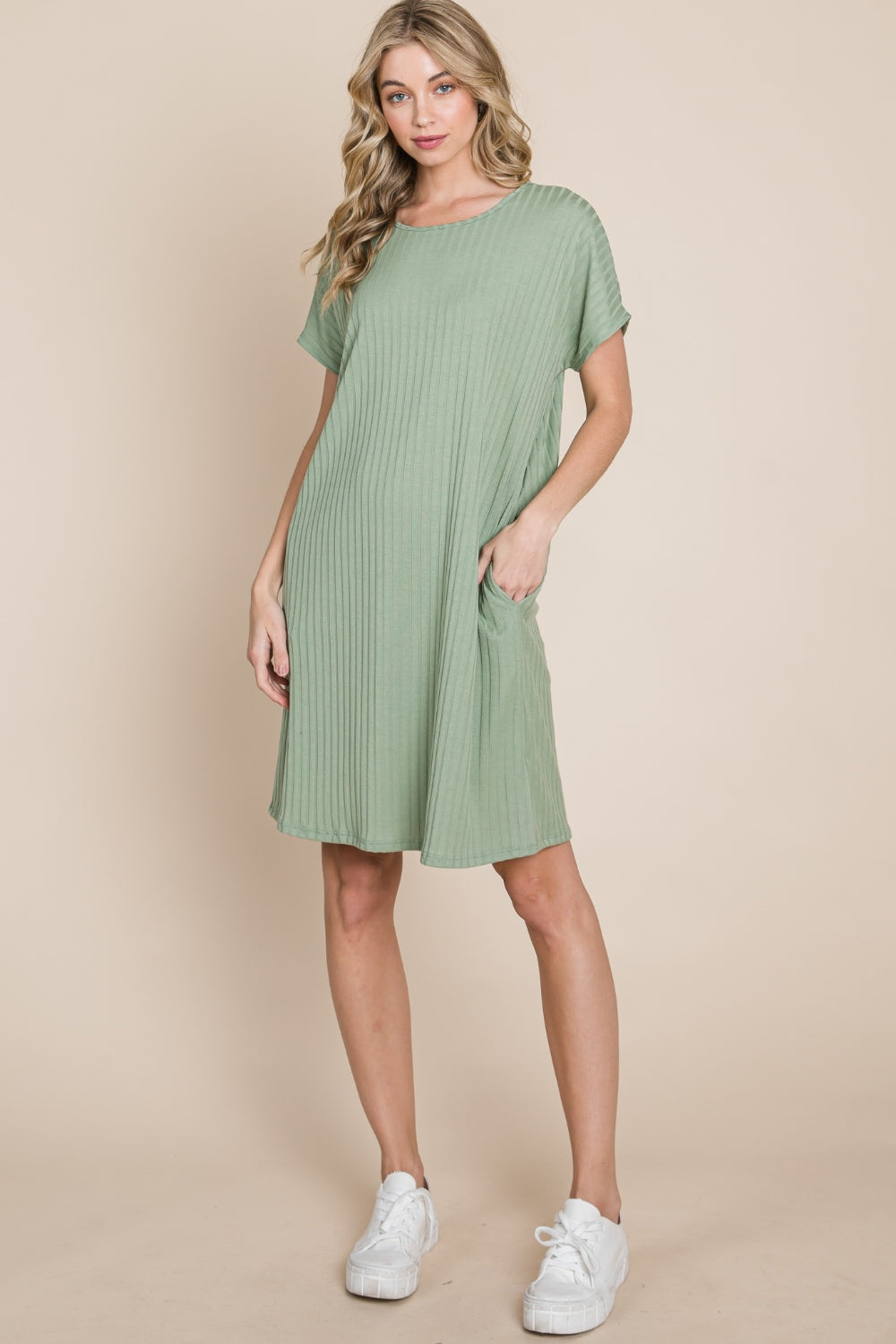 Sage Ribbed Round Neck Short Sleeve Dress