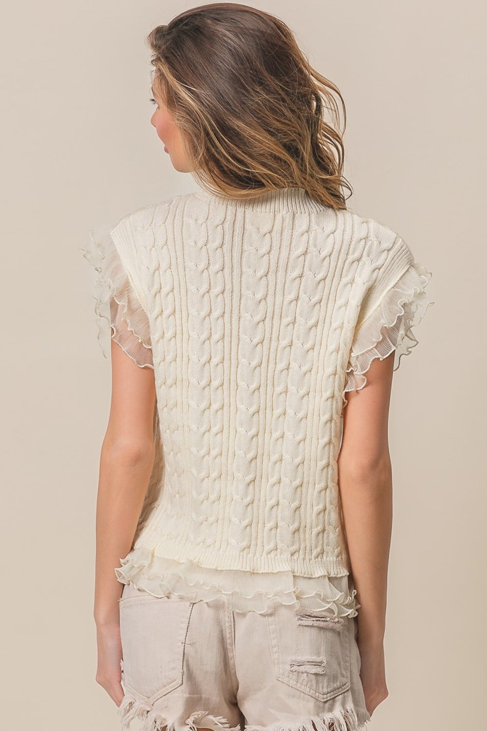 Cream Layered Pleat Chiffon Edge Cable Knit Top