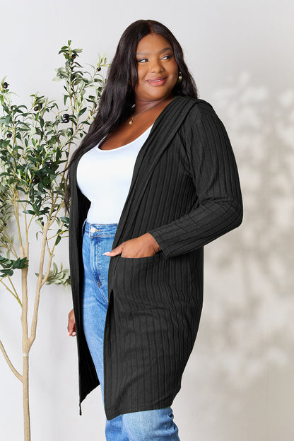 Black Bae Full Size Hooded Sweater Cardigan