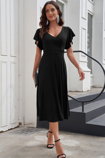 Flutter Sleeve Surplice Midi Dress