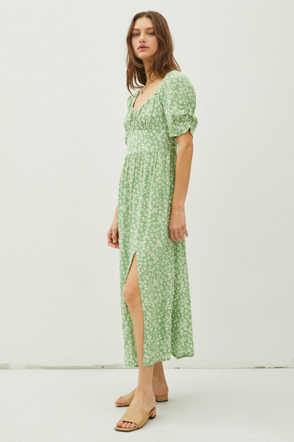Green Floral Smocked Back Slit Dress