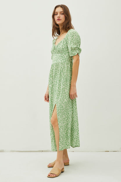 Green Floral Smocked Back Slit Dress