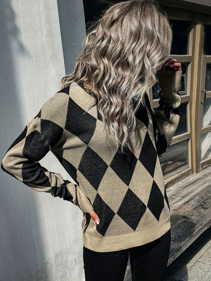 Argyle Eyelash Lace Trim Dropped Shoulder Sweater