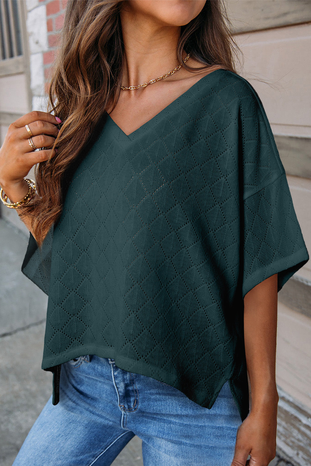 Eyelet V-Neck Dropped Shoulder T-Shirt