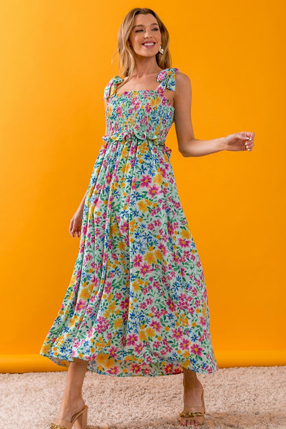 Mint Floral Ruffle Trim Smocked Cami Dress