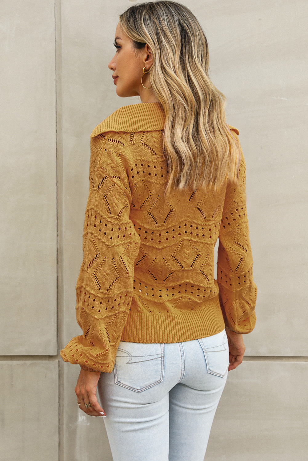 Openwork Lantern Sleeve Sweater