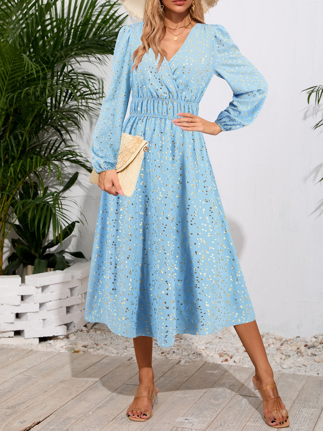 Printed Surplice Long Sleeve Midi Dress