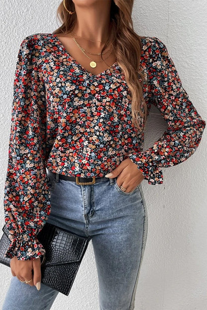 V-Neck Printed Long Sleeve Blouse