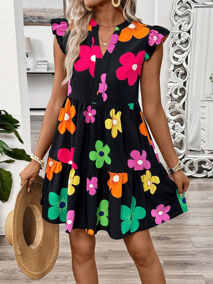 Ruffled Printed Notched Cap Sleeve Dress