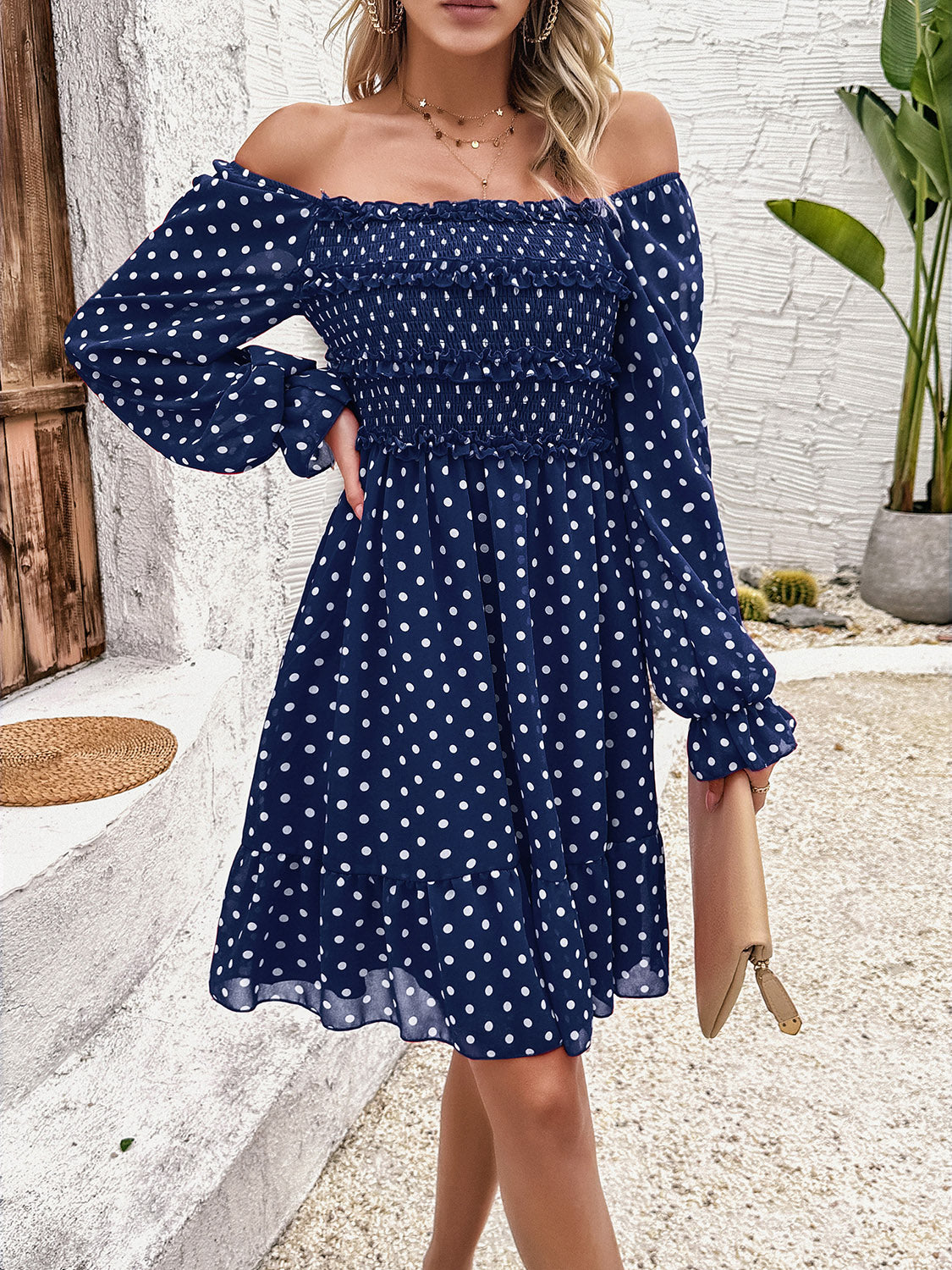 Smocked Polka Dot Long Sleeve Dress