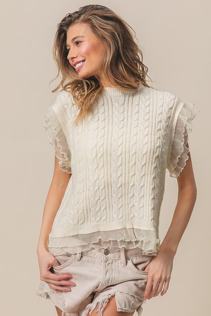 Cream Layered Pleat Chiffon Edge Cable Knit Top
