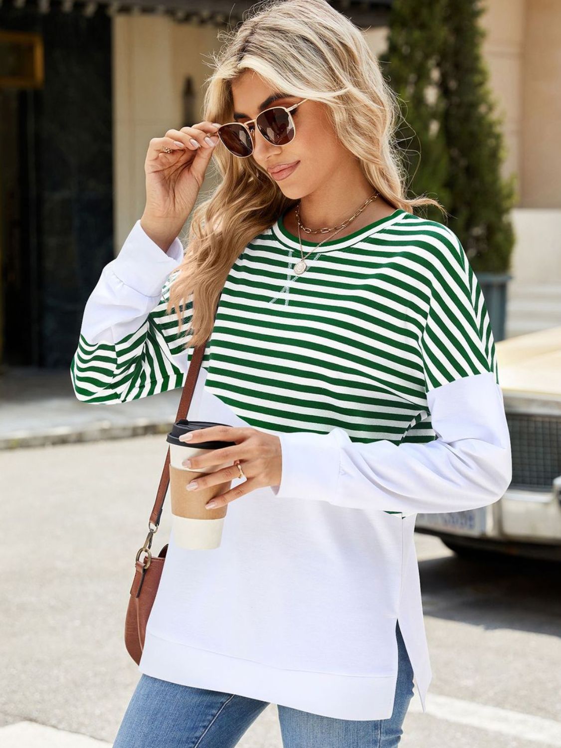 Slit Contrast Striped Long Sleeve Sweatshirt