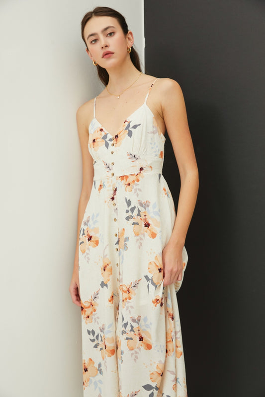 Peach Floral Button Down Cami Midi Dress