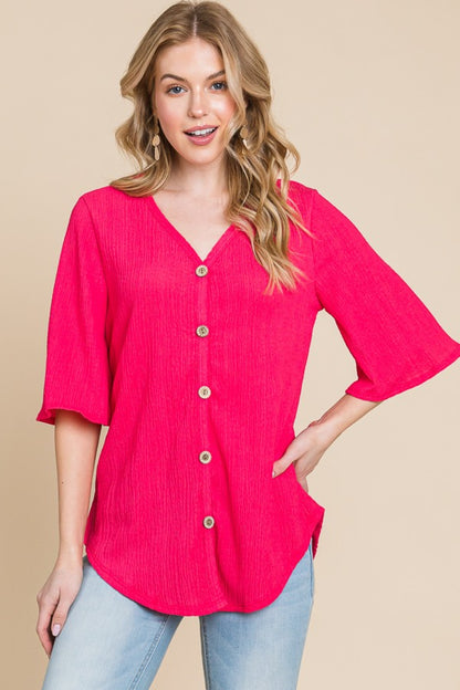 Fuchsia Texture Decorative Button V-Neck Top