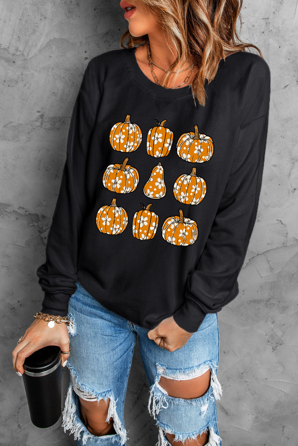 Pumpkin Round Neck Long Sleeve Sweatshirt