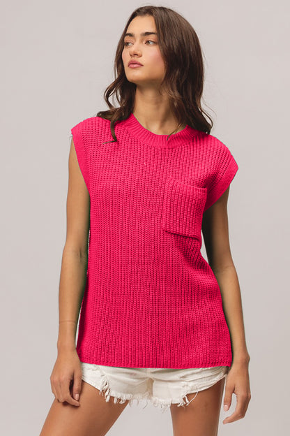 Fuchsia Patch Pocket Cap Sleeve Sweater Top