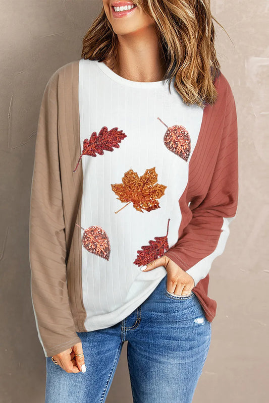 Maple Leaf Round Neck Long Sleeve T-Shirt