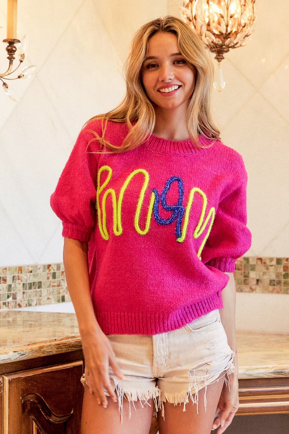 Fuchsia MOM Contrast Round Neck Sweater