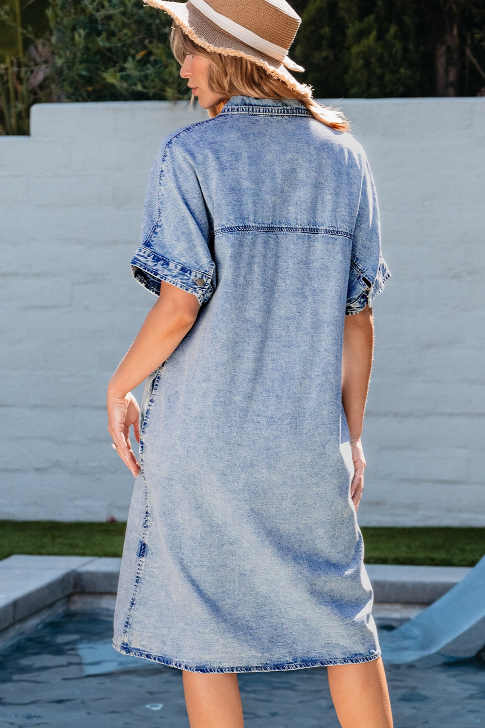 Pocketed Button Up Half Sleeve Denim Dress