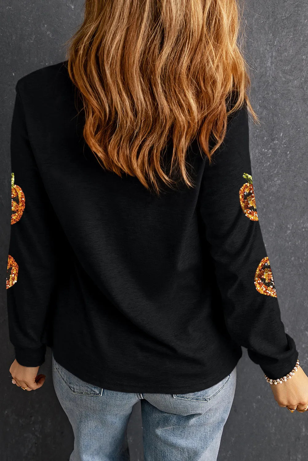 Sequin Pumpkin Round Neck Long Sleeve Top