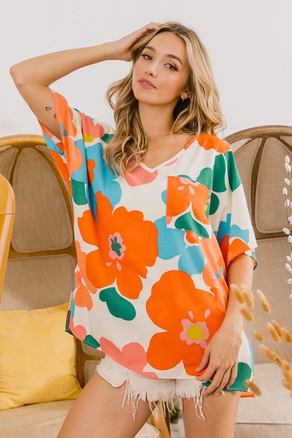 Cream & Orange & Blue Floral V Neck Slit Side T-Shirt