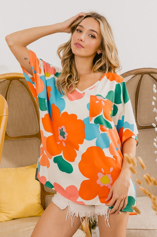 Cream & Orange & Blue Floral V Neck Slit Side T-Shirt