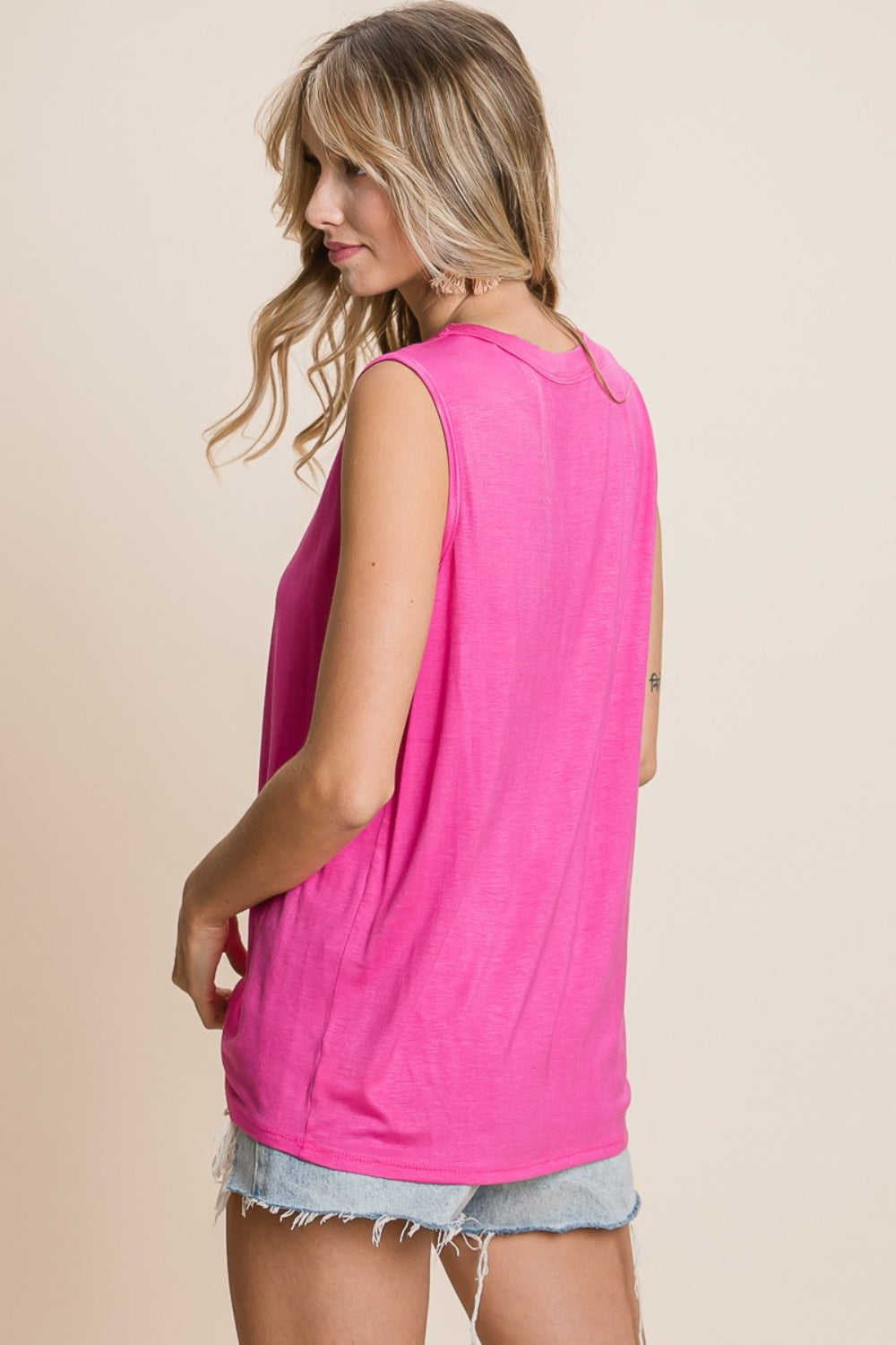 Fuchsia Cutout Round Neck Sleeveless Top