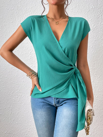 Honey Tied Surplice Neck Short Sleeve Blouse