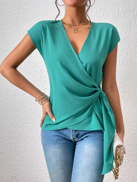 Honey Tied Surplice Neck Short Sleeve Blouse