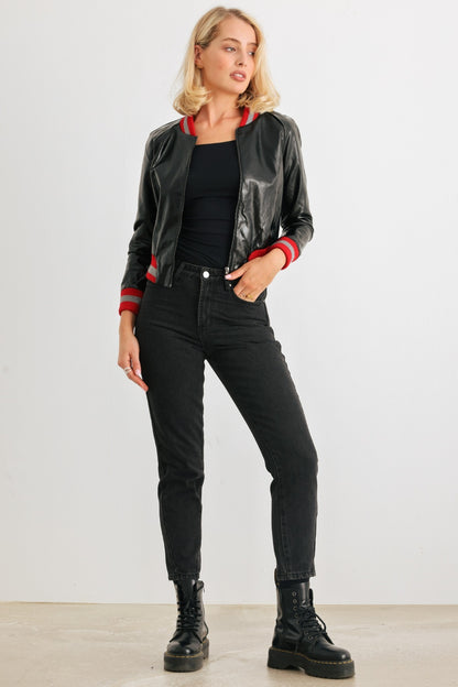 Black Comme PU Leather Baseball Collar Long Sleeve Jacket
