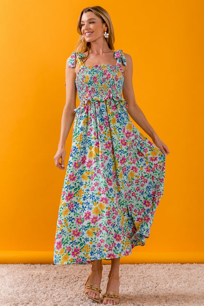 Mint Floral Ruffle Trim Smocked Cami Dress