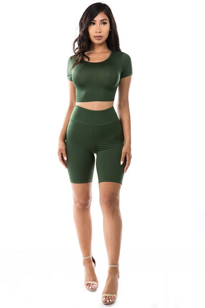 Dark Green 2PC SET CROP TOP WITH BICYCLE PANT