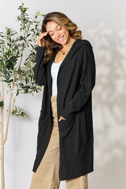 Black Bae Full Size Hooded Sweater Cardigan